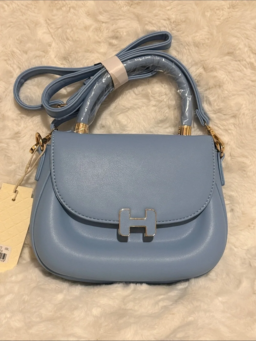 Light Blue Women's Saddle Crossbody Bag with Gold Hardware